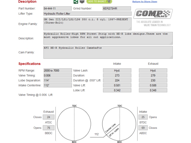 COMP Cams XFI XE-R Hydraulic Roller Camshaft, XER273HR (1997-2014 GM LS Gen III/IV 8 Cylinder)