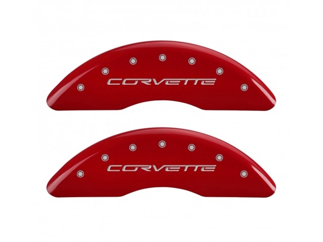 MGP Caliper Covers, Front & Rear, Red, Silver Engraving (2005-2013 Corvette)