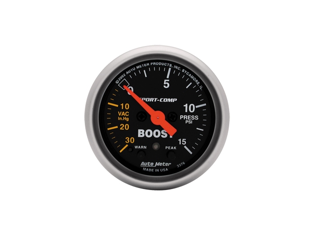 Auto Meter Sport-Comp Digital Stepper Motor Gauge, 2-1/16", Vacuum/Boost w/ Peak Memory & Warning (30 In Hg./15 PSI)